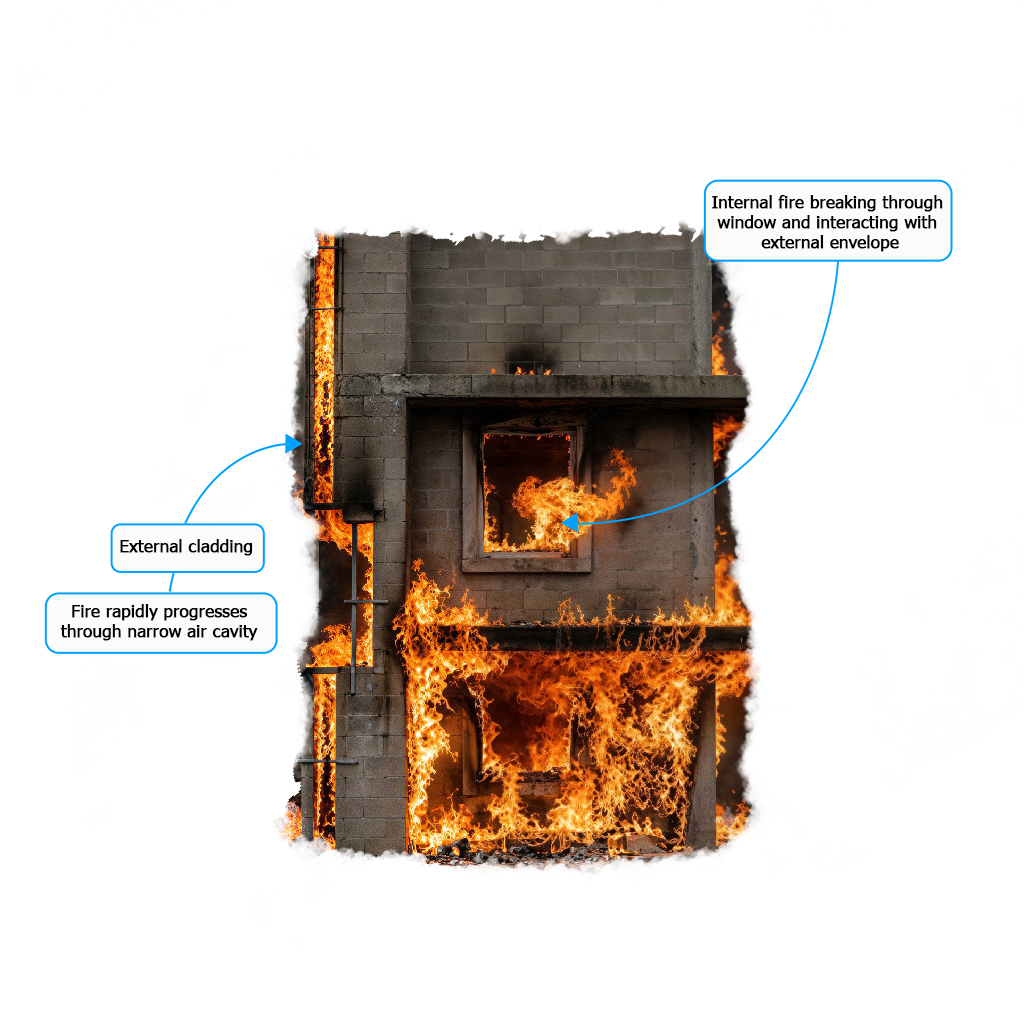 Cutaway illustration of a building fire showing internal fire breaking through a window into the external cladding cavity, with flames rapidly spreading