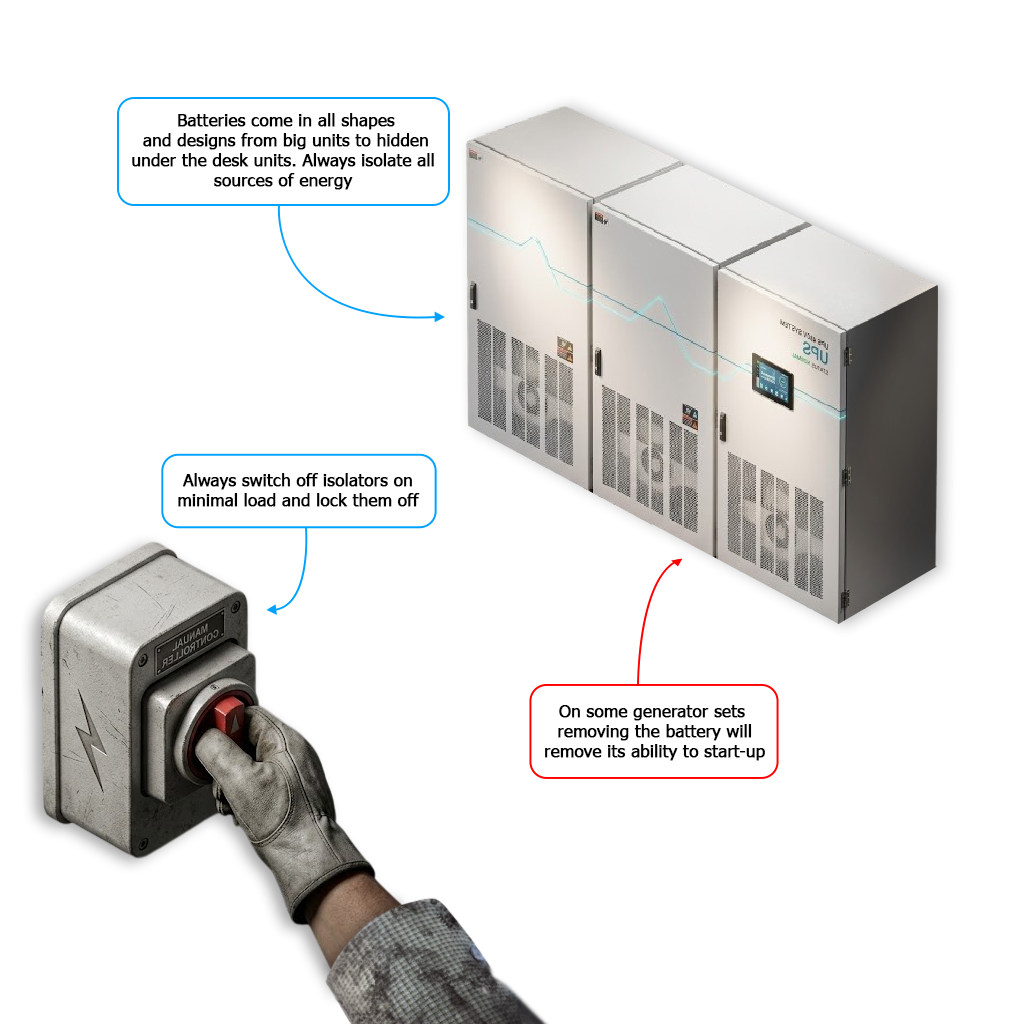 Diagram of a battery energy storage system (BESS) with a worker switching off an isolator, showing guidance to isolate all energy sources under minimal load and lock them off.